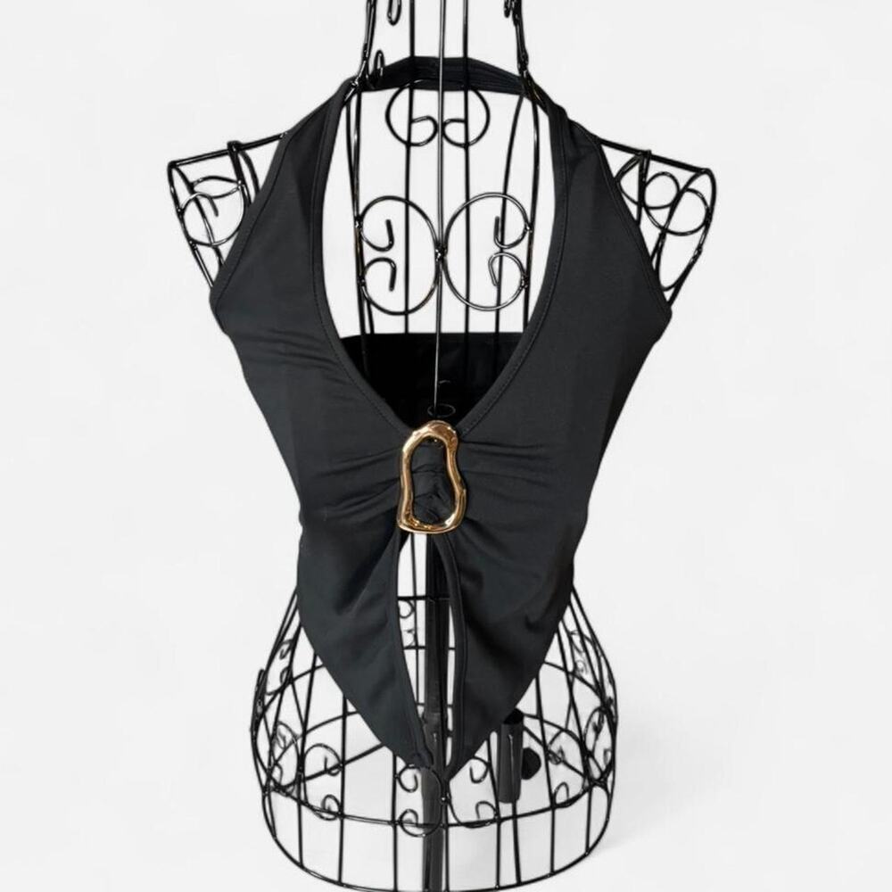 Metal Ring Halter Top Black Size S Ruched Handkerchief Hem